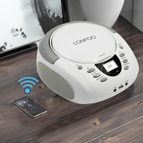 LONPOO CD Players Portable Boombox with FM Radio/USB/Bluetooth/AUX Input and Earphone Jack Output, Stereo Sound Speaker & Audio Player,White - Image 4