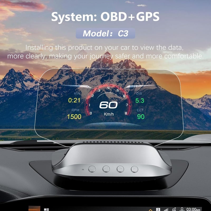 AZIJYV C3 Heads Up Display for Cars - OBD2 Gauge with Speed, Temperature, and Fuel Monitoring - Image 2