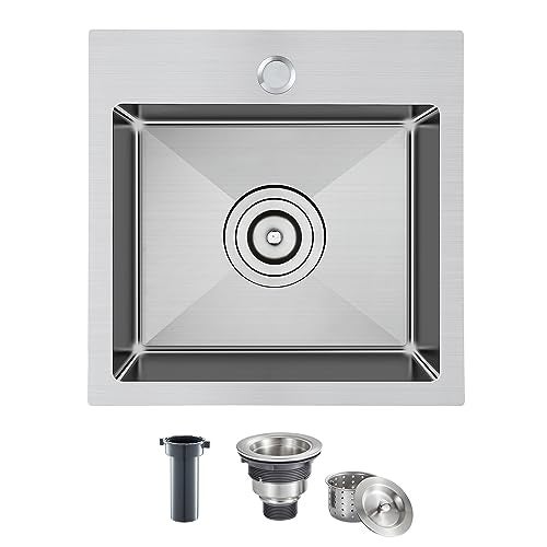 ROVATE 18 × 18 inch Drop in Kitchen Sink, Small Top-mount Kitchen Bar Sink Single Bowl, Overmount Handmade 304 Stainless Steel Bar Sinks with Basket Strainer, 18 x 18 x 9 inch - Image 2