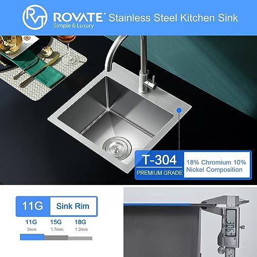 ROVATE 18 × 18 inch Drop in Kitchen Sink, Small Top-mount Kitchen Bar Sink Single Bowl, Overmount Handmade 304 Stainless Steel Bar Sinks with Basket Strainer, 18 x 18 x 9 inch - Image 5