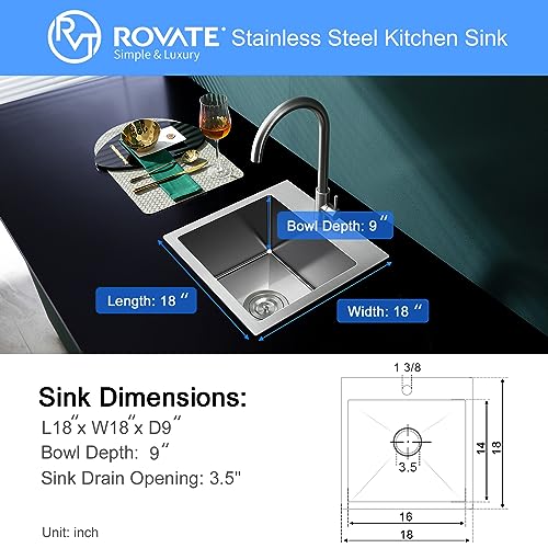 ROVATE 18 × 18 inch Drop in Kitchen Sink, Small Top-mount Kitchen Bar Sink Single Bowl, Overmount Handmade 304 Stainless Steel Bar Sinks with Basket Strainer, 18 x 18 x 9 inch - Image 4
