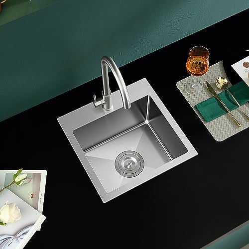 ROVATE 18 × 18 inch Drop in Kitchen Sink, Small Top-mount Kitchen Bar Sink Single Bowl, Overmount Handmade 304 Stainless Steel Bar Sinks with Basket Strainer, 18 x 18 x 9 inch - Image 1