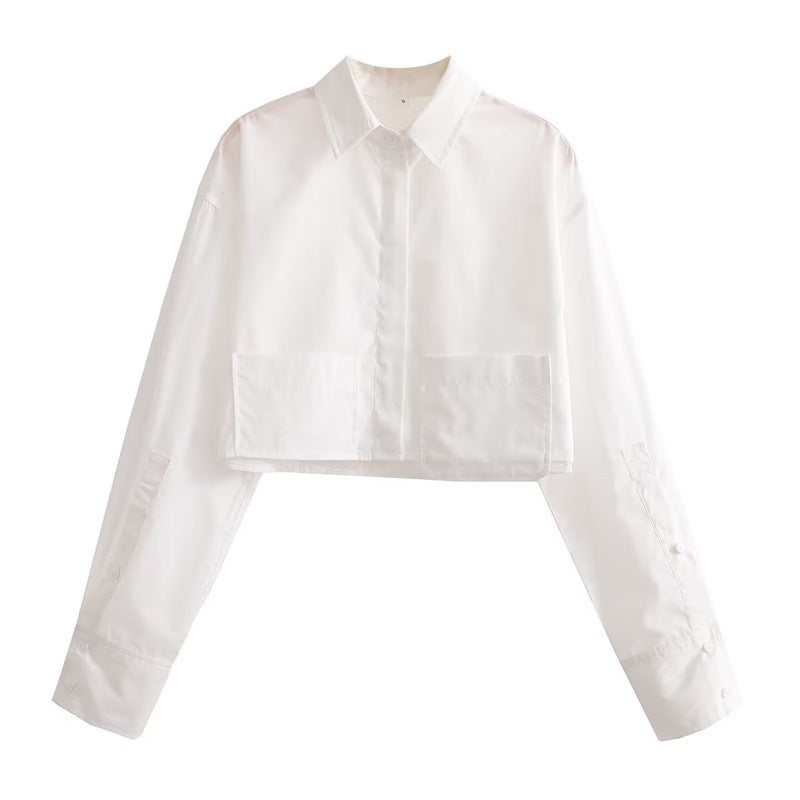 Foreign Trade Womens European and American Style Shirt 2023 Spring New Design Sense Short Pocket Solid Color Casual Navel Shirt White - Image 1
