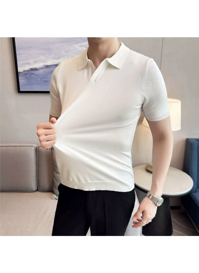 Cool Tarz Cool Style Men's White Plaid Short Sleeve Polo Neck Knit T-Shirt