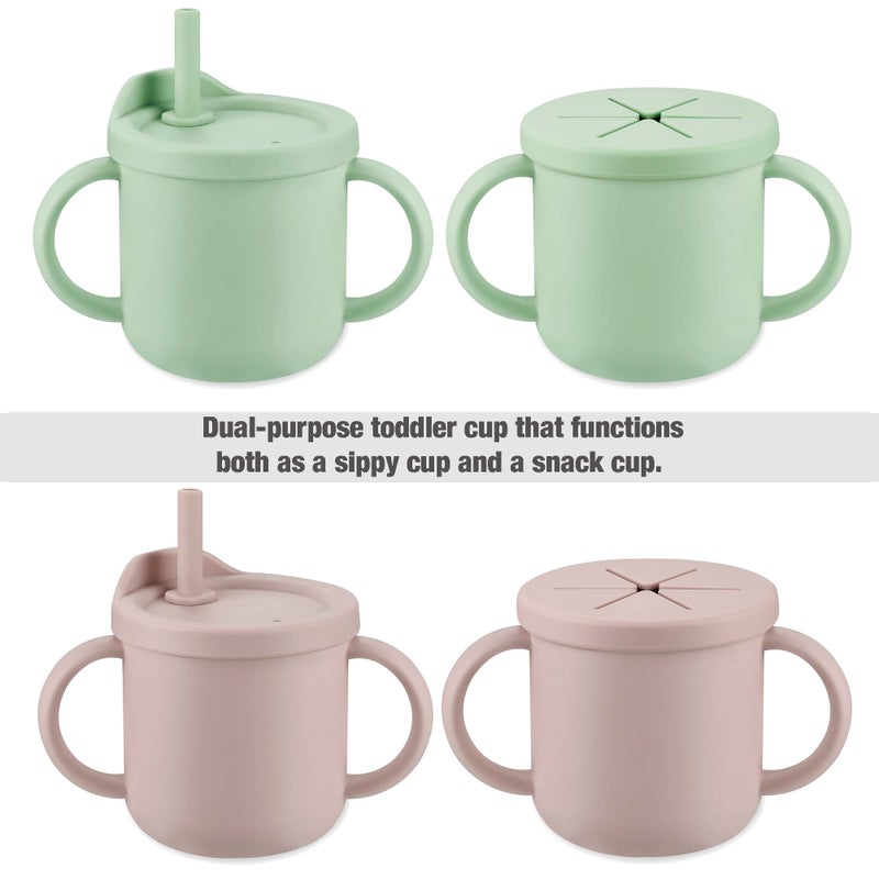 PandaEar 2 Pack Silicone Baby Straw & Snack Cup with 2 Spoons 2 Forks, Dual-Purpose Toddler Training Cups, Pink Green - Image 2