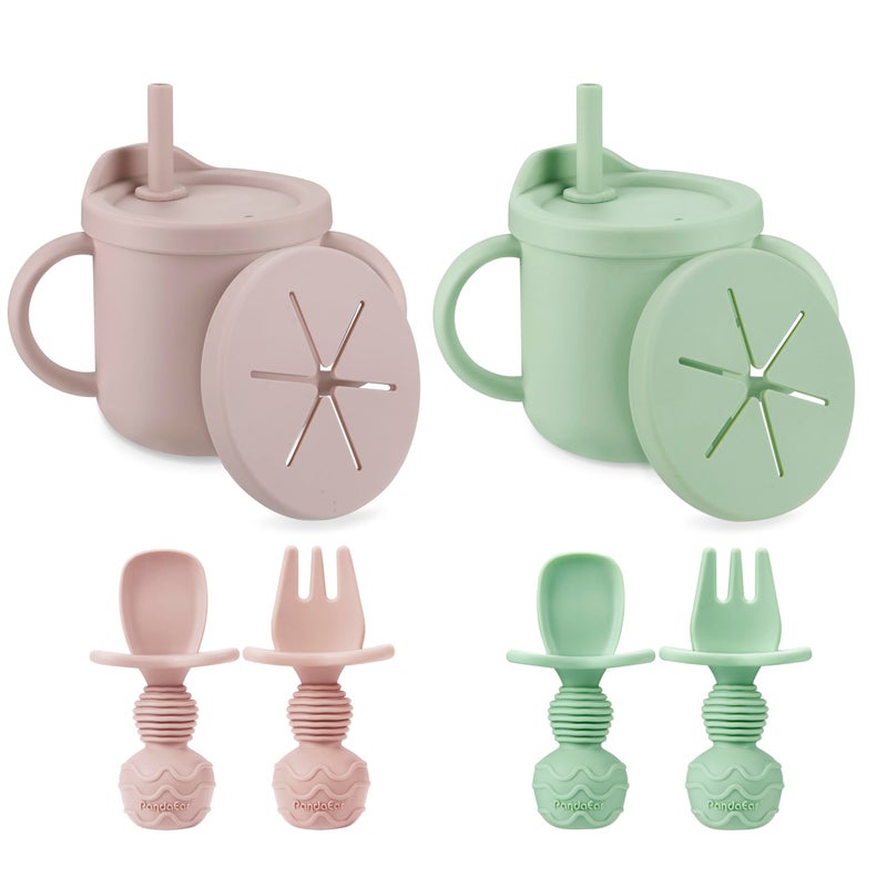 PandaEar 2 Pack Silicone Baby Straw & Snack Cup with 2 Spoons 2 Forks, Dual-Purpose Toddler Training Cups, Pink Green - Image 1