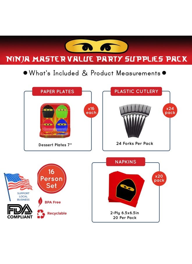 Blue Orchards - مجموعة لوازم حفلات Ninja Master Value (60 قطعة لـ 16 ضيفًا) لوازم حفلات Ninja Birthday Party أطباق ومناديل Ninja وحفلات عيد ميلاد Ninja Themed Spy وحفلات Blue Orchards - Image 1