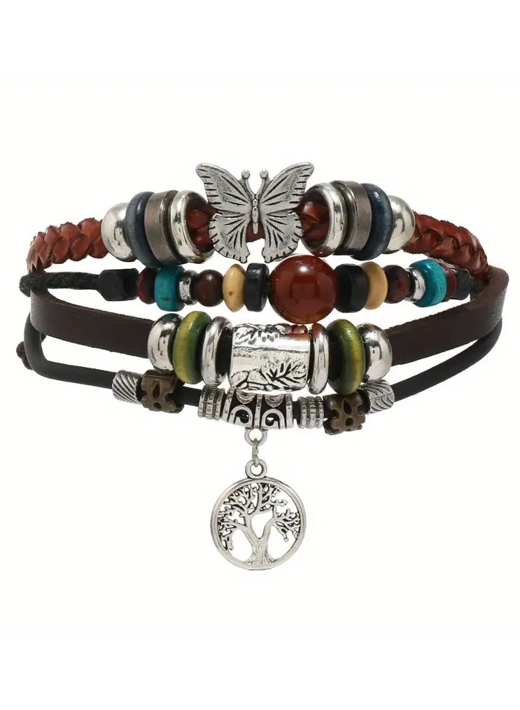 Home Clearance Sale 1pc Hot Sale Jewelry Butterfly Cat Eye Leaf Multi-layer Beaded Ethnic Style Retro PU Leather Bracelet For Men And Women Summer Holiday - Image 1