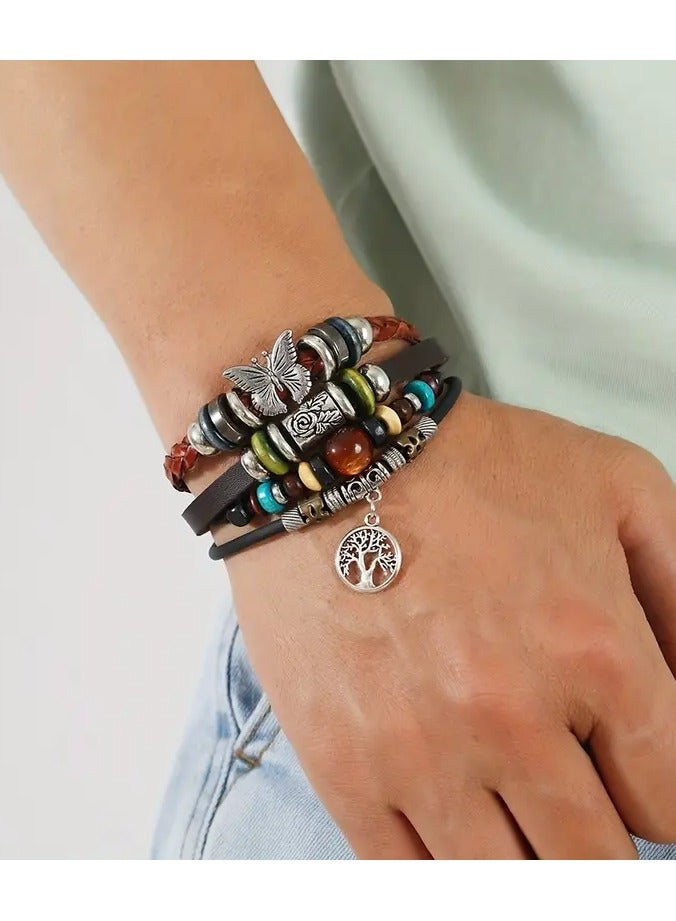 Home Clearance Sale 1pc Hot Sale Jewelry Butterfly Cat Eye Leaf Multi-layer Beaded Ethnic Style Retro PU Leather Bracelet For Men And Women Summer Holiday - Image 2