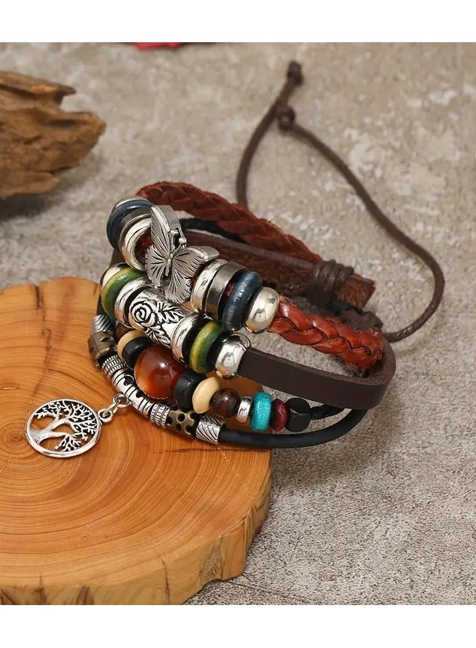 Home Clearance Sale 1pc Hot Sale Jewelry Butterfly Cat Eye Leaf Multi-layer Beaded Ethnic Style Retro PU Leather Bracelet For Men And Women Summer Holiday - Image 4