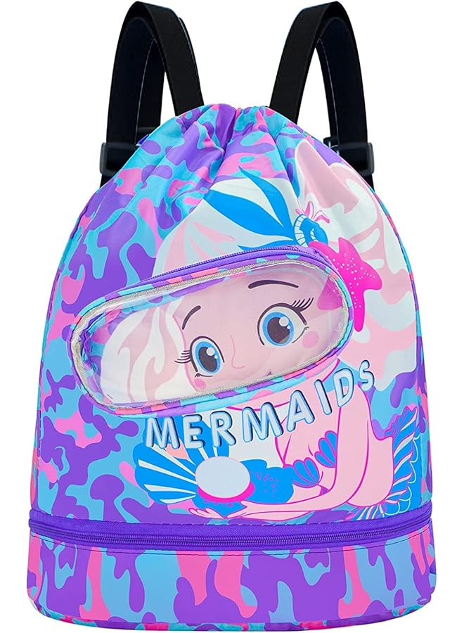 PROMASS Drawstring Bag, Swim Bag Waterproof Backpack Swim Bags For Swimmers Kids Swim Beach Bag Pull String Cinch Bag Girls Mermaid Cartoon Printed Cute Sport Backpack With Dry-Wet Separate - Image 1