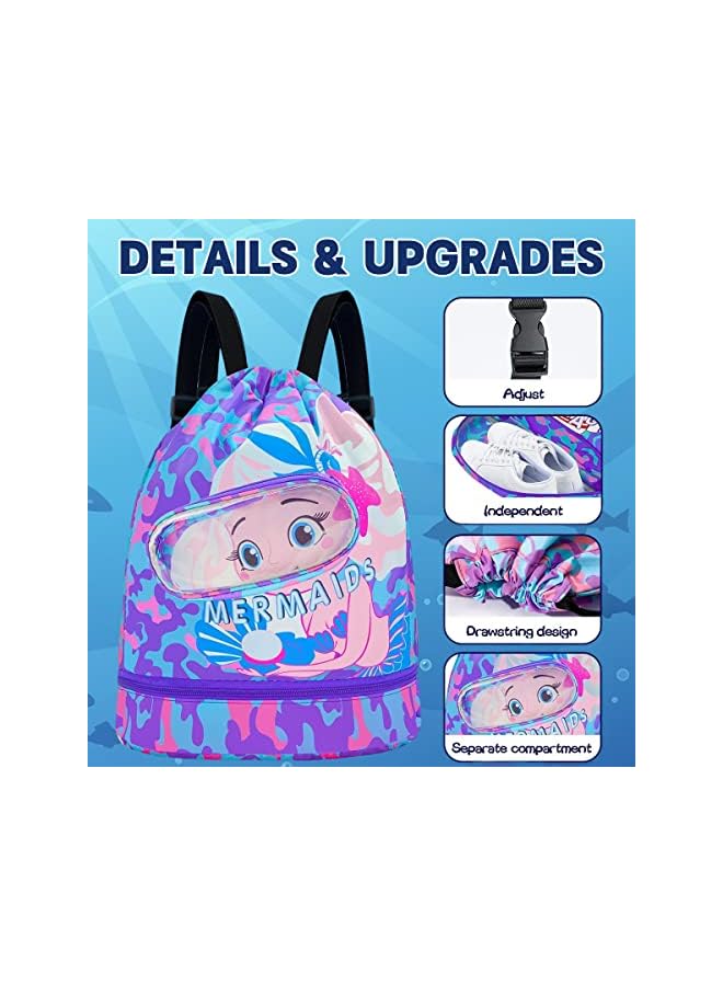 PROMASS Drawstring Bag, Swim Bag Waterproof Backpack Swim Bags For Swimmers Kids Swim Beach Bag Pull String Cinch Bag Girls Mermaid Cartoon Printed Cute Sport Backpack With Dry-Wet Separate - Image 2