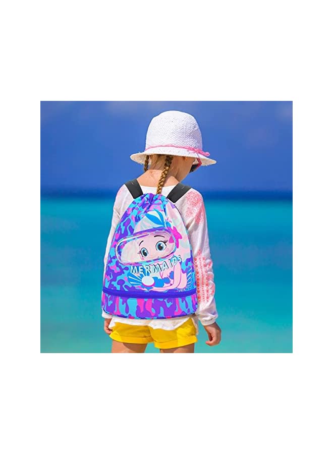 PROMASS Drawstring Bag, Swim Bag Waterproof Backpack Swim Bags For Swimmers Kids Swim Beach Bag Pull String Cinch Bag Girls Mermaid Cartoon Printed Cute Sport Backpack With Dry-Wet Separate - Image 4