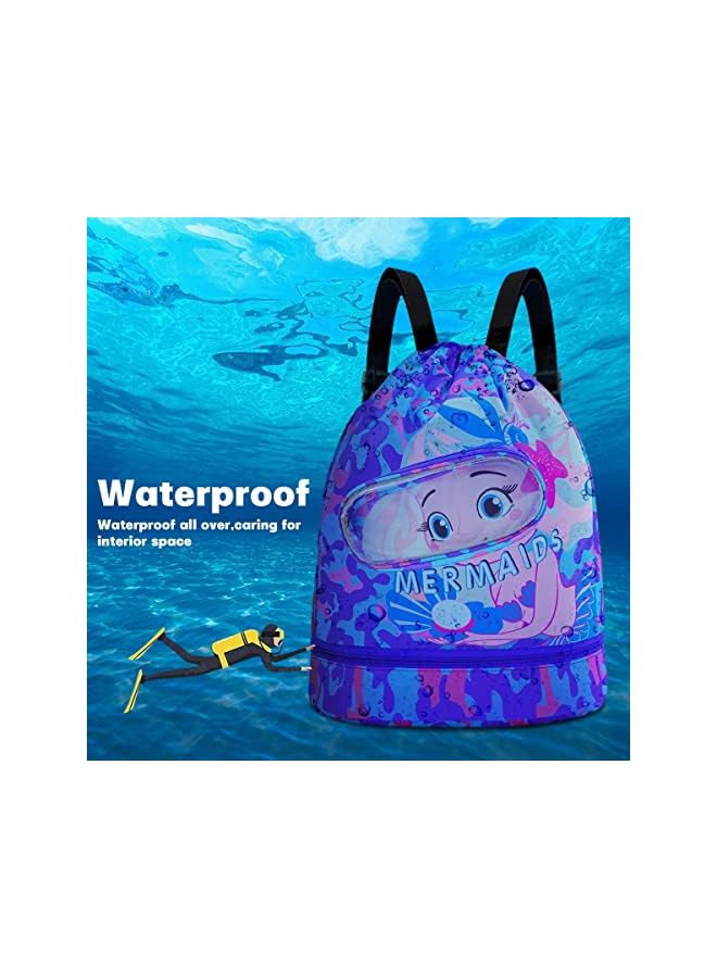 PROMASS Drawstring Bag, Swim Bag Waterproof Backpack Swim Bags For Swimmers Kids Swim Beach Bag Pull String Cinch Bag Girls Mermaid Cartoon Printed Cute Sport Backpack With Dry-Wet Separate - Image 5