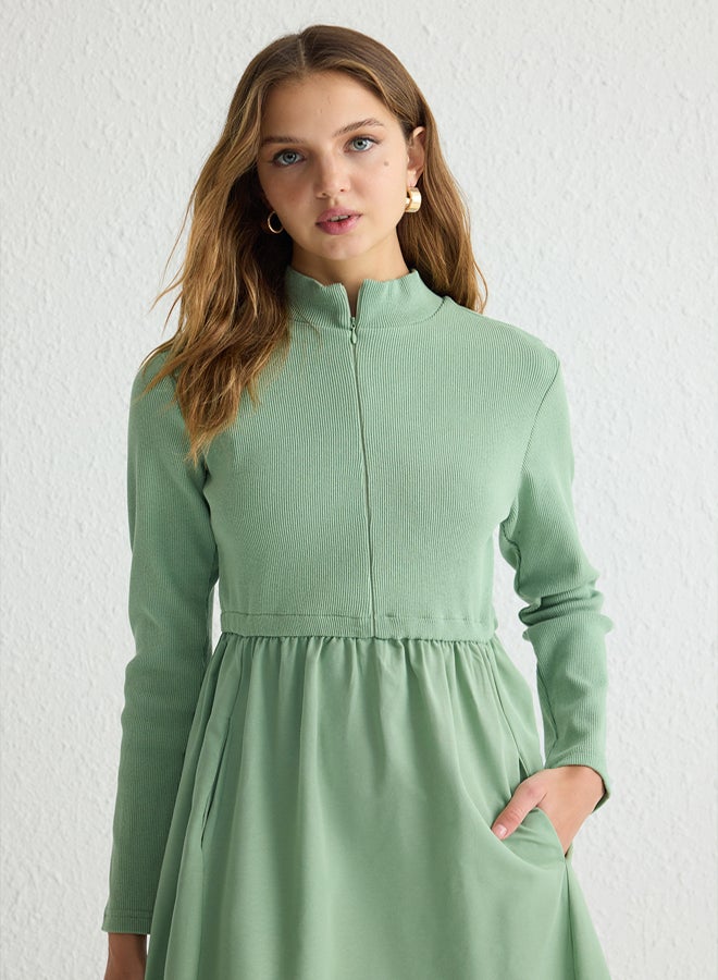 trendyol Mint Zipper Detail Stand Collar Knitted Dress - Image 2