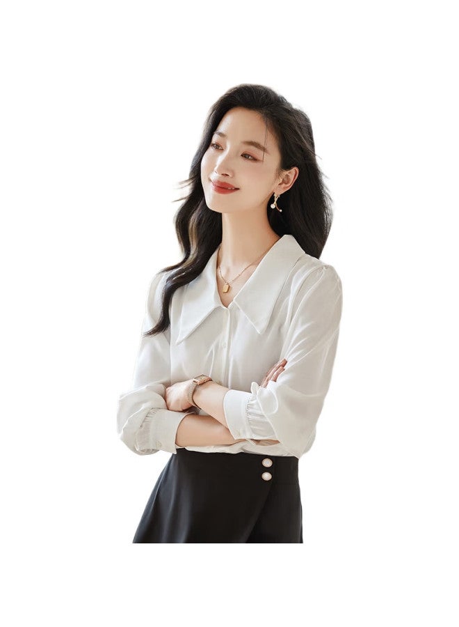 First Application Chushen Spring And Autumn Long-Sleeve Shirt For Women, French-Style Elegant Lapel, Commuter Blouse Top S141C2990 White M - Image 1