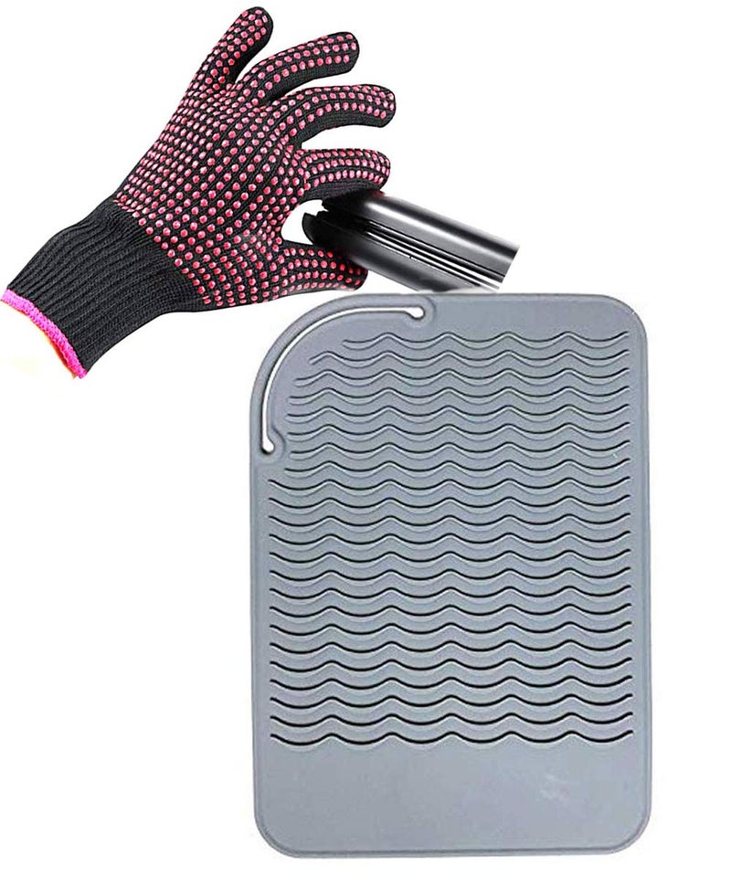 AFT90 Heat Resistant Glove With Silicone Bump Mat For Curling Iron  Hair Straightener  Flat Irons - 9 X 6.5 Food Grade Mat  Grey - Image 1