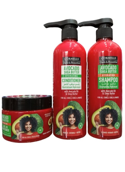 Shampoo 480 ml  Conditioner 480 ml  leave-in Cream 325 ml  Hair Moisturizer With Avocado and Shea Butter  Free of Parabens  Sulfates and Silicones.