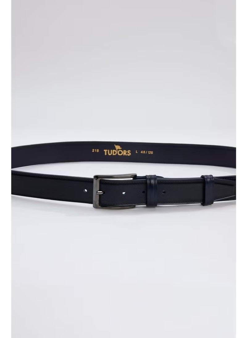 Tudors Men's Leather 3.5 cm Classic Navy Blue Belt - Image 2