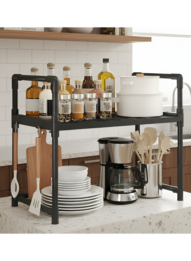 بست ستور رف منظم بلاستيكي متعدد الاستخدام من طبقتين بإطار فولاذي، رف تخزين مع 4 خطاطيف قابلة للإزالة ومقابض مزدوجة للمطبخ، الحمام، أو ديكور غرفة المعيشة - Image 1