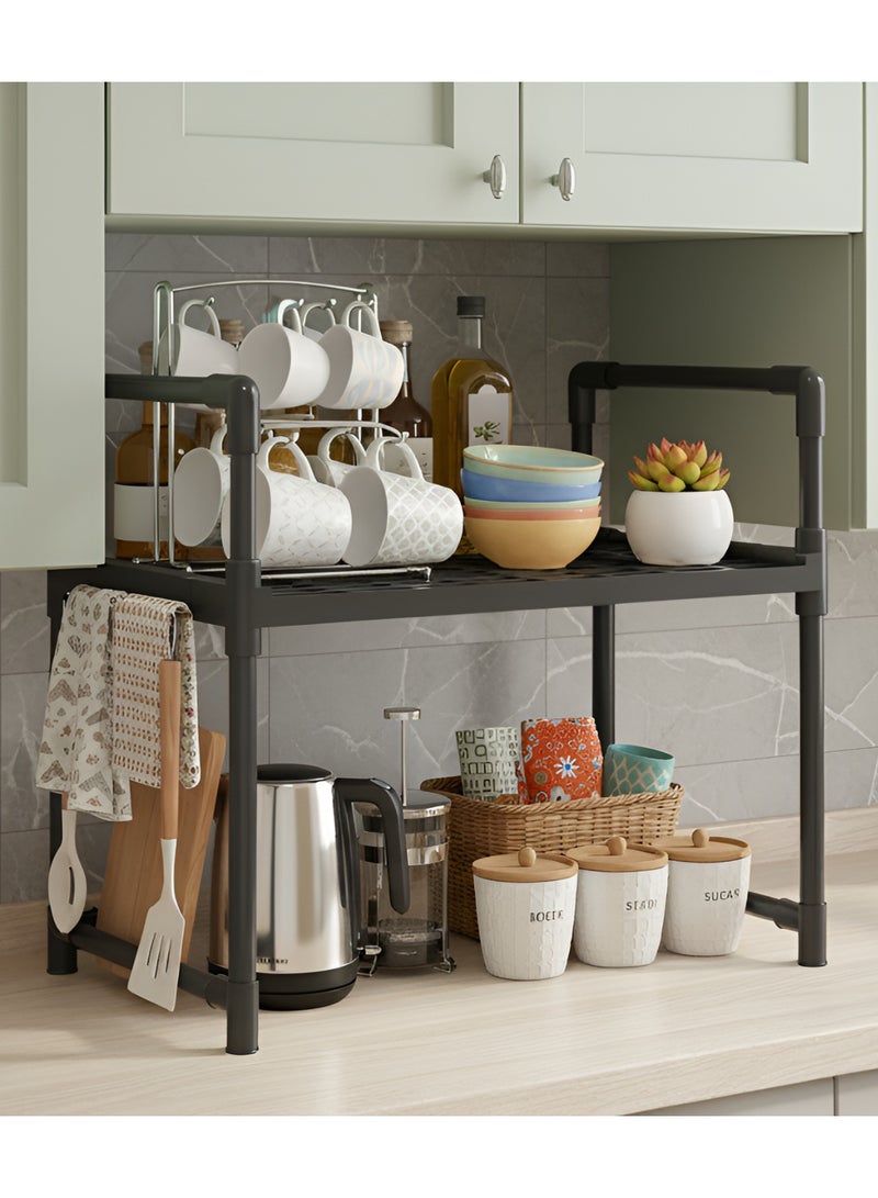 بست ستور رف منظم بلاستيكي متعدد الاستخدام من طبقتين بإطار فولاذي، رف تخزين مع 4 خطاطيف قابلة للإزالة ومقابض مزدوجة للمطبخ، الحمام، أو ديكور غرفة المعيشة - Image 5