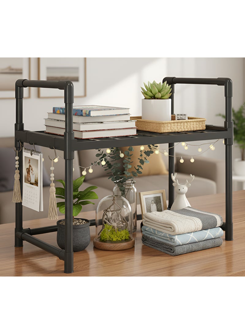 بست ستور رف منظم بلاستيكي متعدد الاستخدام من طبقتين بإطار فولاذي، رف تخزين مع 4 خطاطيف قابلة للإزالة ومقابض مزدوجة للمطبخ، الحمام، أو ديكور غرفة المعيشة - Image 2