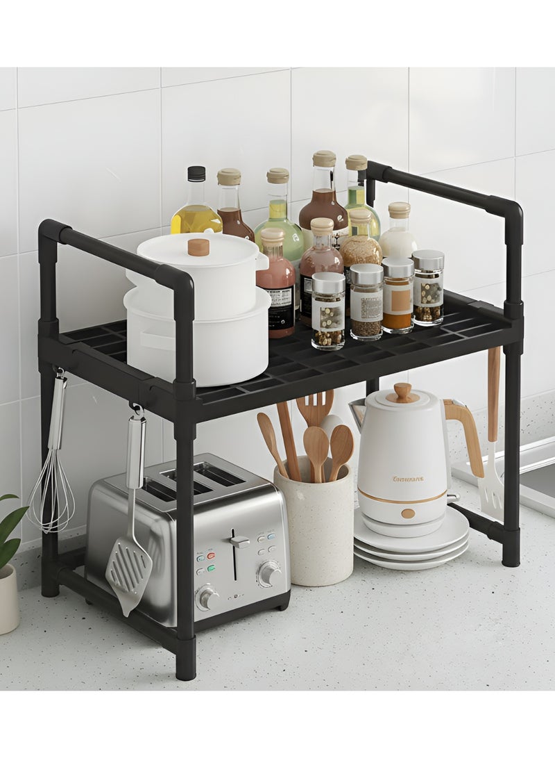 بست ستور رف منظم بلاستيكي متعدد الاستخدام من طبقتين بإطار فولاذي، رف تخزين مع 4 خطاطيف قابلة للإزالة ومقابض مزدوجة للمطبخ، الحمام، أو ديكور غرفة المعيشة - Image 3