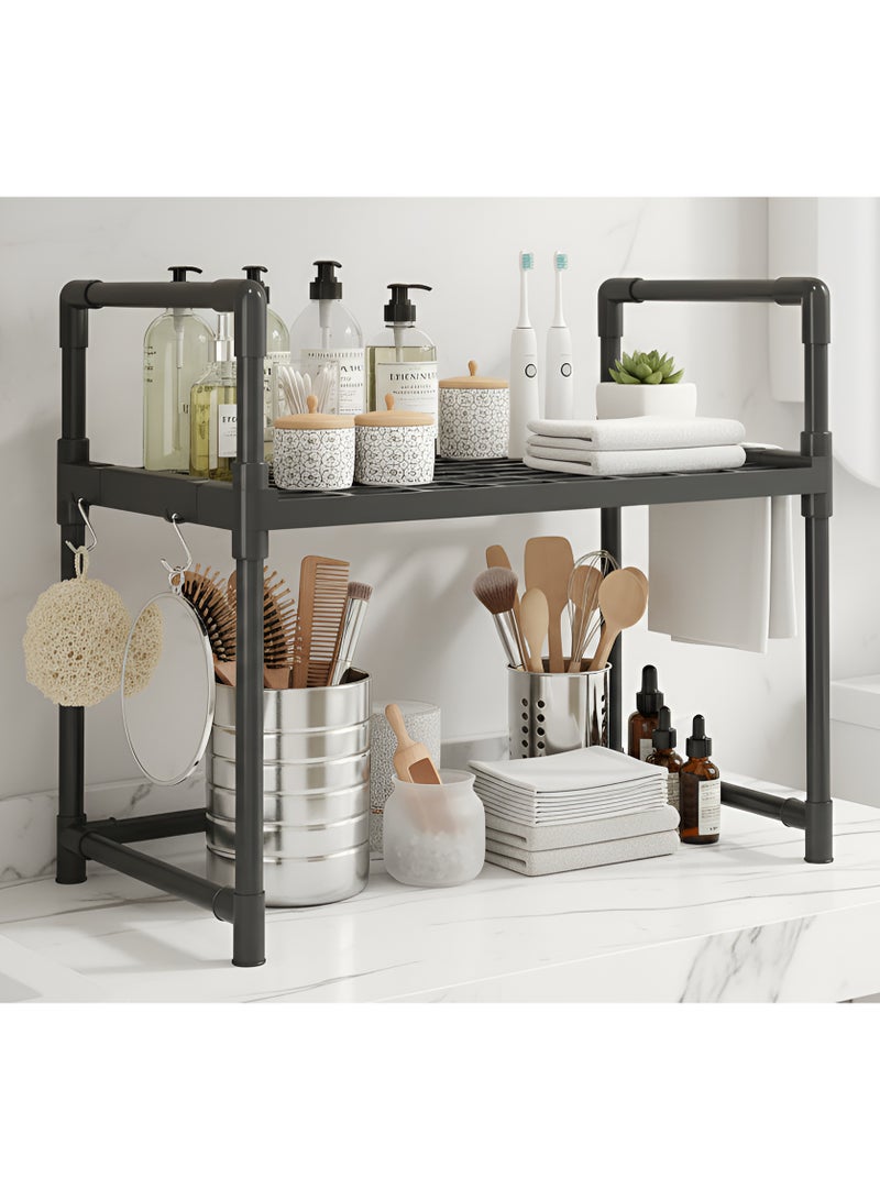 بست ستور رف منظم بلاستيكي متعدد الاستخدام من طبقتين بإطار فولاذي، رف تخزين مع 4 خطاطيف قابلة للإزالة ومقابض مزدوجة للمطبخ، الحمام، أو ديكور غرفة المعيشة - Image 4