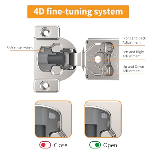 Chibery 10 Pack 716 Overlay 4D Concealed Hinges for Face Frame Door Soft Close OnOff Switch Self Closing 105 Open Angle Concealed Stainless Steel Hinges for Framed Cabinet Satin Nickel - Image 3