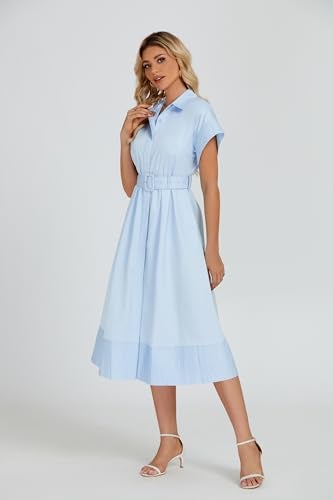 Ladyful Women Casual Button Down Shirt Dress Short Wing Sleeve Midi Shirt Dress with Belt Elegant Dress Light Blue - Image 2