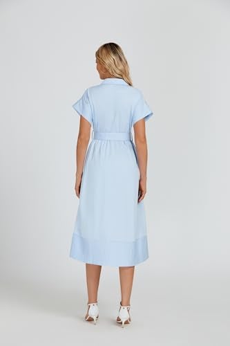 Ladyful Women Casual Button Down Shirt Dress Short Wing Sleeve Midi Shirt Dress with Belt Elegant Dress Light Blue - Image 3