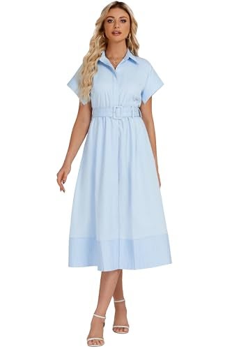 Ladyful Women Casual Button Down Shirt Dress Short Wing Sleeve Midi Shirt Dress with Belt Elegant Dress Light Blue - Image 1