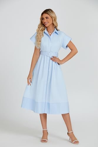 Ladyful Women Casual Button Down Shirt Dress Short Wing Sleeve Midi Shirt Dress with Belt Elegant Dress Light Blue - Image 4