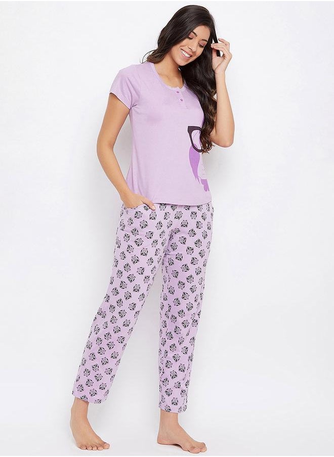 Clovia Owl Graphic Print Cotton T-Shirt & Pyjama Set by Styli  - Image 2