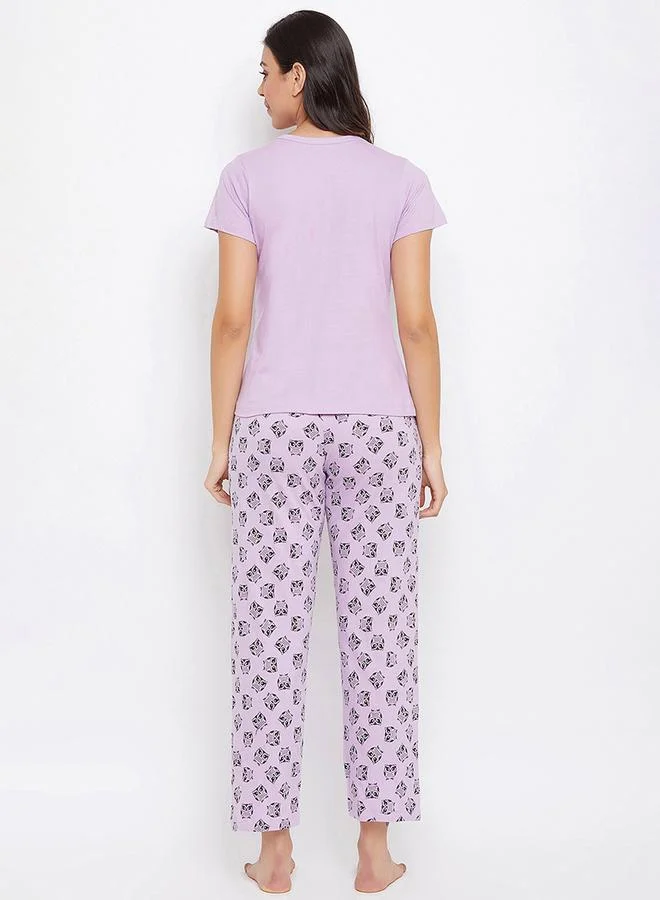 Clovia Owl Graphic Print Cotton T-Shirt & Pyjama Set by Styli