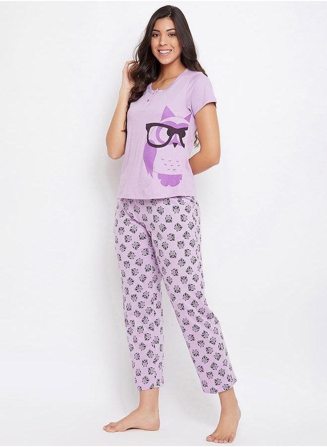 Clovia Owl Graphic Print Cotton T-Shirt & Pyjama Set by Styli  - Image 3