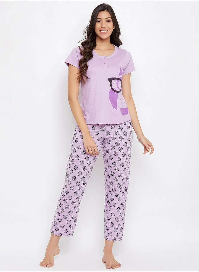 Clovia Owl Graphic Print Cotton T-Shirt & Pyjama Set