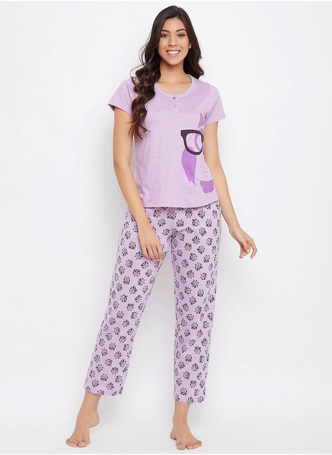 Clovia Owl Graphic Print Cotton T-Shirt & Pyjama Set by Styli  - Image 1