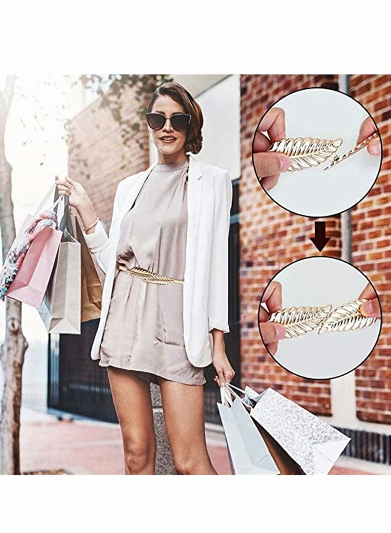 SYOSI Women Metal Chain Leaves Belt, Skinny Elastic Stretchy Decorative Waistband Adjustable Interlock Buckle for Dress, Jeans, Formal Clothing, Skirts and Pants, 2 Pieces, Silver and Gold - Image 3