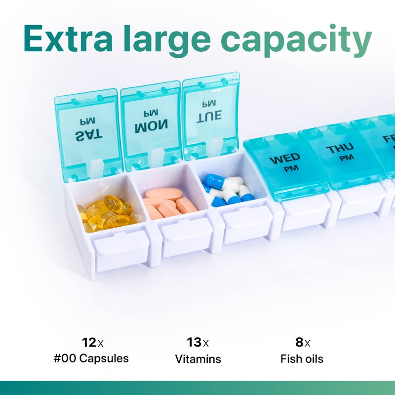 Sukuos AM PM Weekly 7 Day Pill Organizer, 2 Times A Day Pill Box with Arthritis Friendly Push Button, Medicine Cases for Vitamin/Fish Oil/Supplements, Easy to Clean (Cyan&Blue) - Image 2