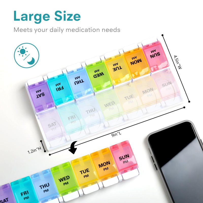 Sukuos AM PM Weekly 7 Day Pill Organizer, 2 Times A Day Pill Box with Arthritis Friendly Push Button, Medicine Cases for Vitamin/Fish Oil/Supplements, Easy to Clean (Cyan&Blue) - Image 3
