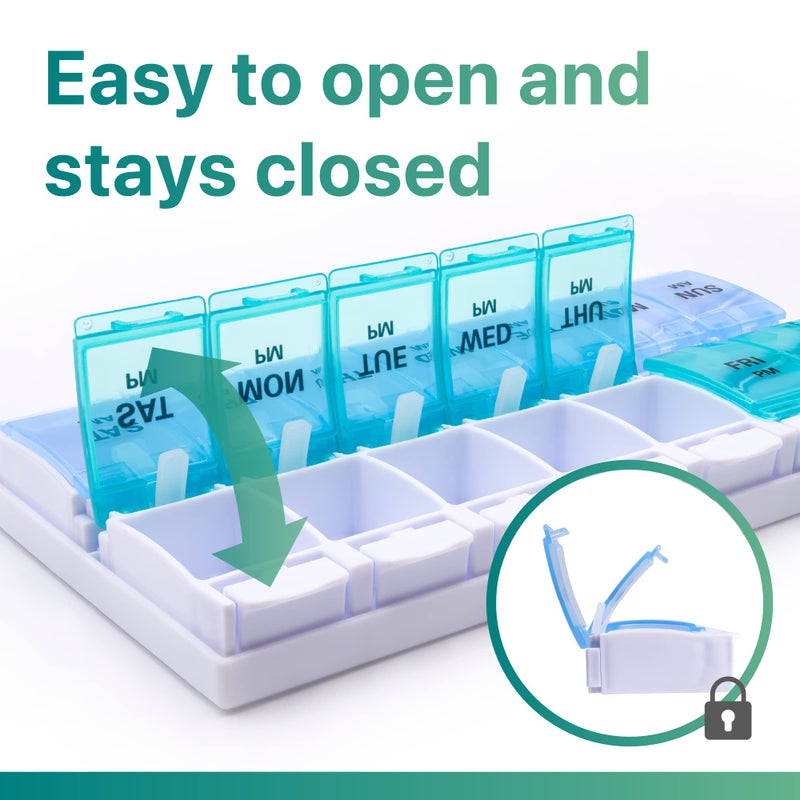 Sukuos AM PM Weekly 7 Day Pill Organizer, 2 Times A Day Pill Box with Arthritis Friendly Push Button, Medicine Cases for Vitamin/Fish Oil/Supplements, Easy to Clean (Cyan&Blue) - Image 4