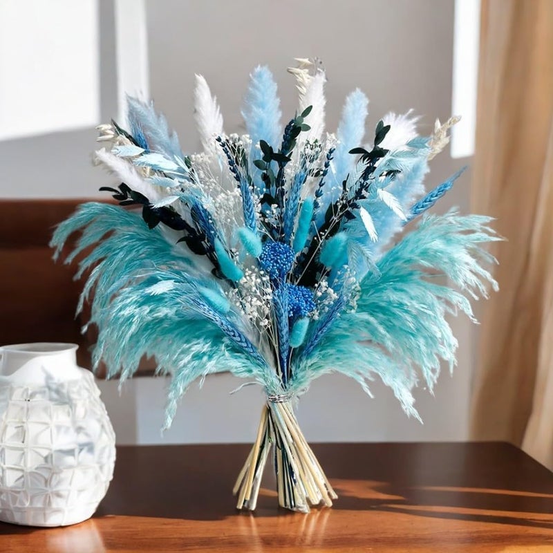 Mifgra Blue Dried Flowers Bouquet with Pampas Grass - Boho Home Decor and DIY Floral Arrangements for Bedroom, Office, and Wedding Centerpieces - Image 1