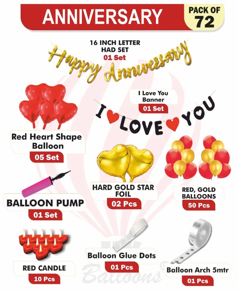 HK balloons 72 Pcs Happy Anniversary Gold Cursive Banner Arch Decoration Set With I Love You Banner & Red Heart Foil Balloons, Candles For Wedding Anniversary - Image 2