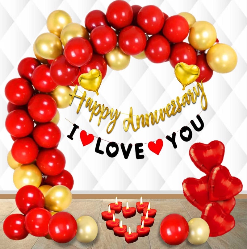 HK balloons 72 Pcs Happy Anniversary Gold Cursive Banner Arch Decoration Set With I Love You Banner & Red Heart Foil Balloons, Candles For Wedding Anniversary - Image 1