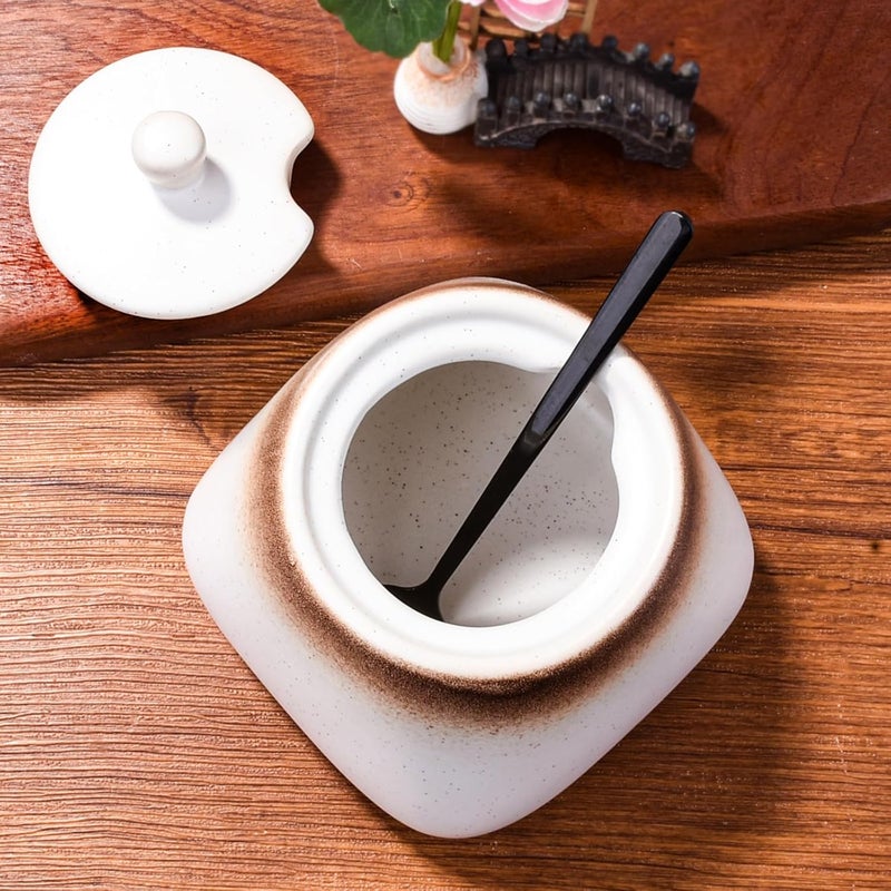 BOSILI Japanese White Sugar Bowl with Lid Ceramic Salt Bowls with Stainless Steel Spoon for Pepper Spices Seasoning - Image 4