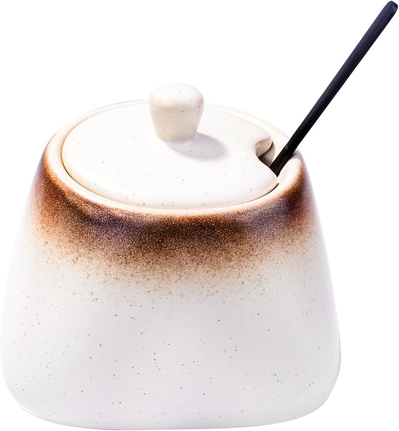 BOSILI Japanese White Sugar Bowl with Lid Ceramic Salt Bowls with Stainless Steel Spoon for Pepper Spices Seasoning - Image 1