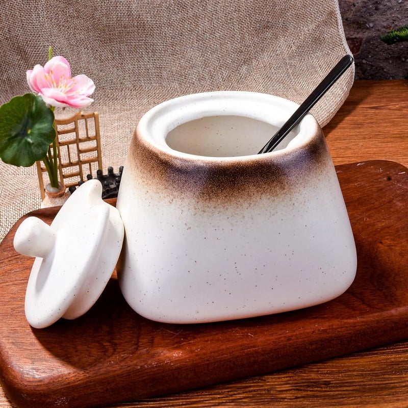 BOSILI Japanese White Sugar Bowl with Lid Ceramic Salt Bowls with Stainless Steel Spoon for Pepper Spices Seasoning - Image 5