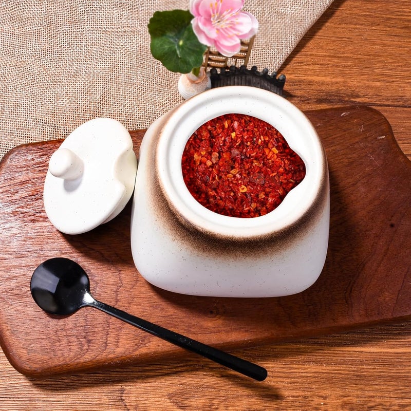 BOSILI Japanese White Sugar Bowl with Lid Ceramic Salt Bowls with Stainless Steel Spoon for Pepper Spices Seasoning - Image 3