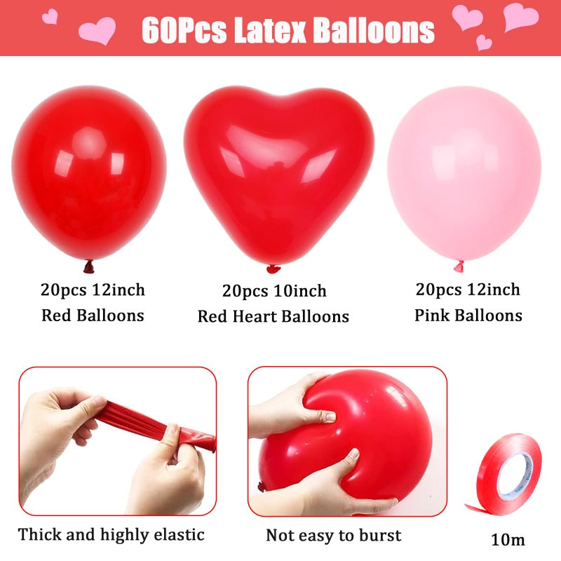 Douvelue 60Pcs Pink and Red Heart Shaped Balloons, Red Valentine's Day Balloons Set with Ribbon, for Wedding, valentines decorations, Marriage Proposal Props - Image 2